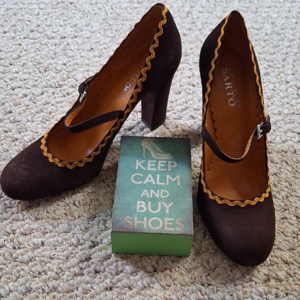Gorgeous Rich Dark Brown W/orange Mary Jane Heels Size 7.5M Frano Sarto Suede